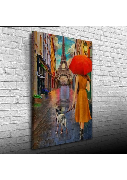 Eyfel Kulesi Önünde Kırmızı Şemsiyeli Kadın Yağlıboya Kanvas Tablo 50 x 70