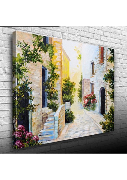 Taş Evler ve Çiçekli Yol Yağlıboya Kanvas Tablo 50 x 70