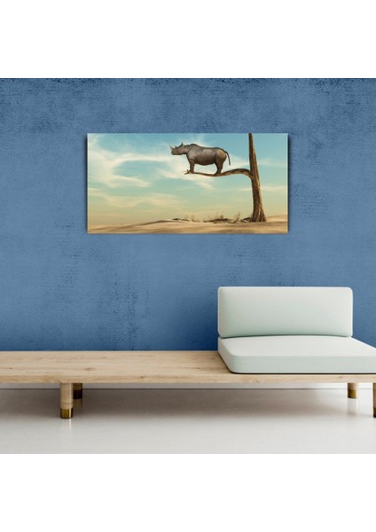 Gergedan, Çöl ve Kuru Ağaç Retro Kanvas Tablo 60 x 120