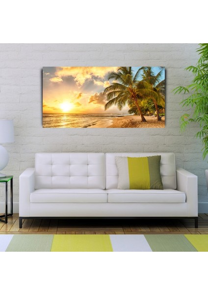 Sahilde Palmiyeler ve Günbatımı Kanvas Tablo 60 x 120 fiyatları