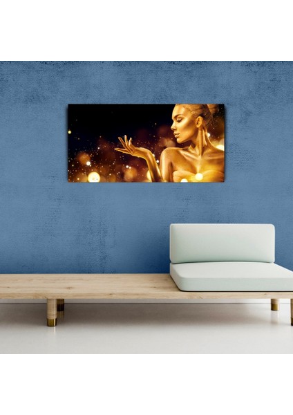 Altın Sarısı Tonlarda Kadın ve Su Damlacıkları Kanvas Tablo 60 x 120 modelleri