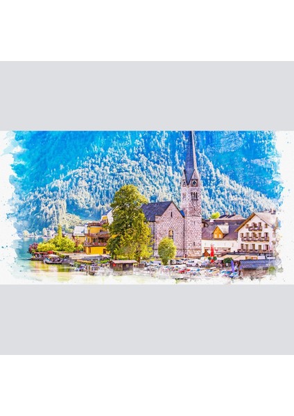 Dağ ve Göl Temalı Kasaba Yağlıboya Görünümlü Kanvas Tablo 60 x 120 fiyatları