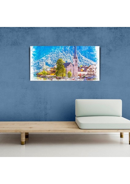 Dağ ve Göl Temalı Kasaba Yağlıboya Görünümlü Kanvas Tablo 60 x 120 modelleri