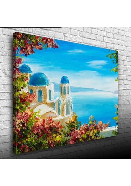 Çiçekli Terasta Mikanos ve Deniz Manzarası Yağlıboya Kanvas Tablo 50 x 70