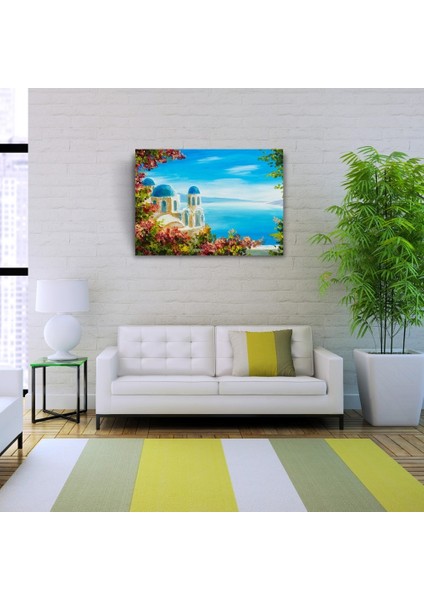 Çiçekli Terasta Mikanos ve Deniz Manzarası Yağlıboya Kanvas Tablo 50 x 70 fiyatları