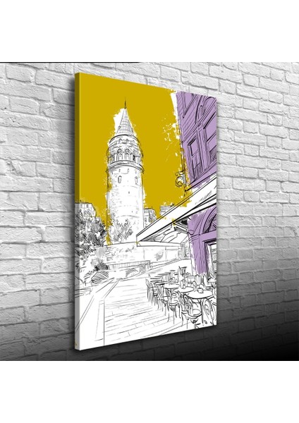 Sarı, Beyaz ve Mor Tonlarda Galata Kulesi ve Kafe Görseli Kanvas Tablo 50 x 70