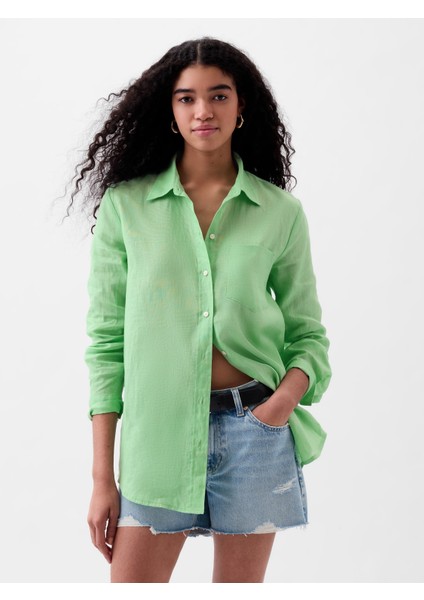 Kadın Yeşil Keten Boyfriend Gömlek