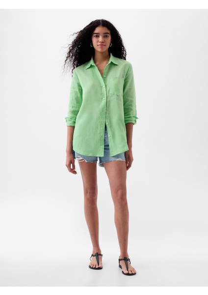 Kadın Yeşil Keten Boyfriend Gömlek modelleri