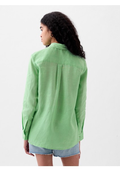 Kadın Yeşil Keten Boyfriend Gömlek fırsatları