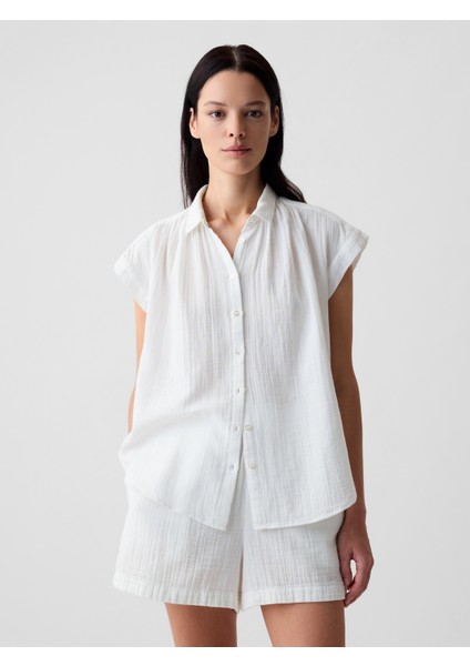 Kadın Kırık Beyaz Crinkle Gauze Gömlek