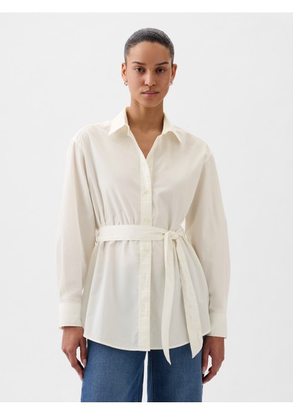 Kadın Kırık Beyaz Organik Pamuklu Kuşaklı Big Gömlek