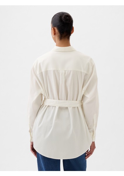 Kadın Kırık Beyaz Organik Pamuklu Kuşaklı Big Gömlek fırsatları