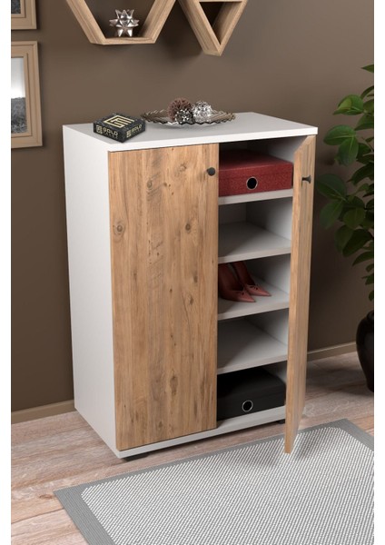 Ayakkabılık Çok Amaçlı Ayakkabı Dolabı 5 Raflı 2 Kapaklı Çam-Beyaz fiyatları