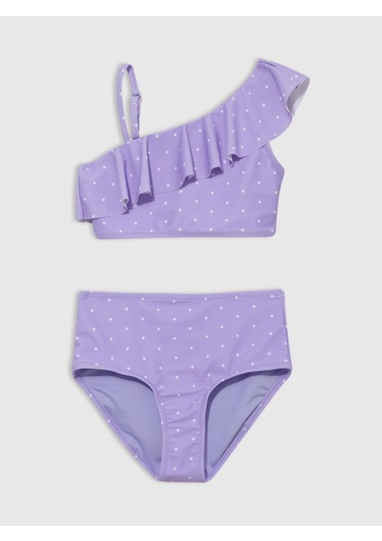 Kız Çocuk Mor Fırfırlı Asimetrik Kesim Mayo Set