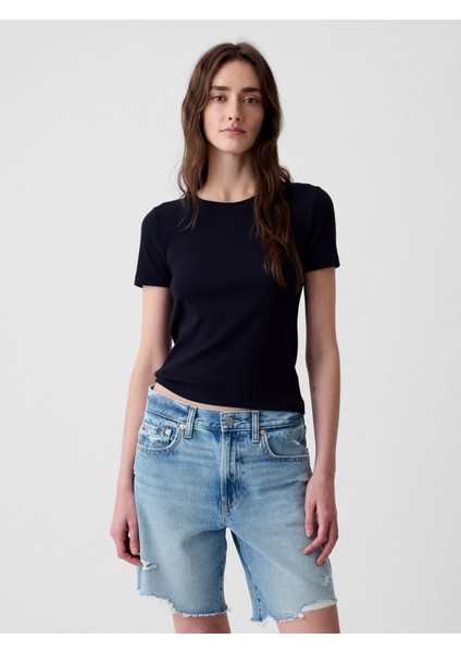 Kadın Lacivert Modern Fitilli Crop T-Shirt