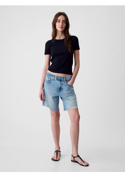 Kadın Lacivert Modern Fitilli Crop T-Shirt
