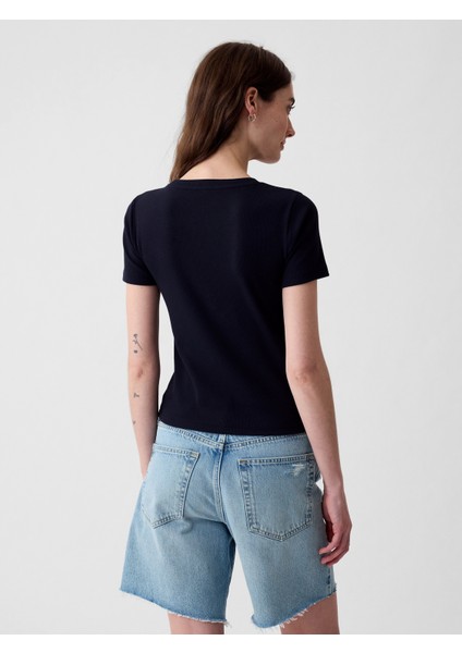 Kadın Lacivert Modern Fitilli Crop T-Shirt