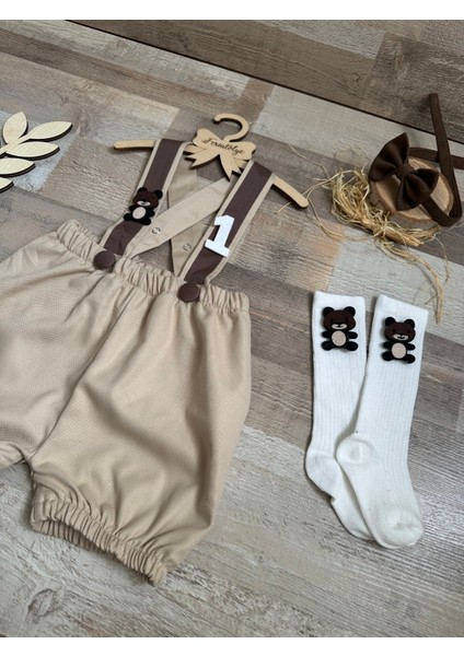 Ayıcık Konsepti 1 Yaş Bej Salopet Papyon Çorap Takımı modelleri