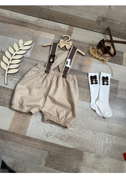 Ayıcık Konsepti 1 Yaş Bej Salopet Papyon Çorap Takımı fırsatları
