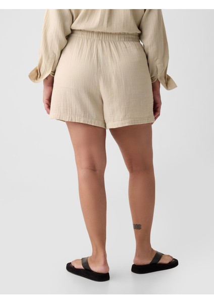 Kadın Bej Crinkle Gauze Pull-On Şort