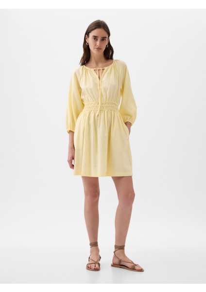 Kadın Sarı Keten Karışımlı Mini Elbise modelleri