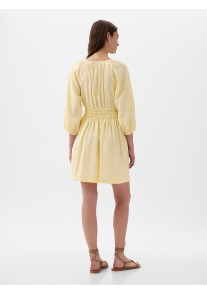 Kadın Sarı Keten Karışımlı Mini Elbise fırsatları