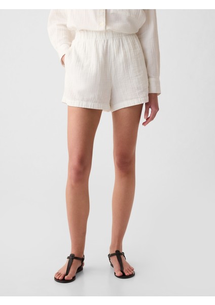 Kadın Kırık Beyaz Crinkle Gauze Pull-On Şort