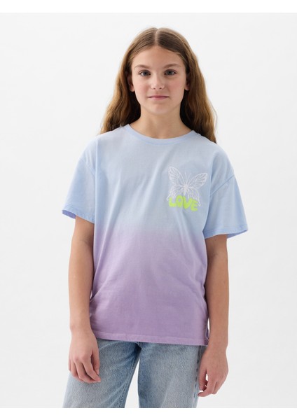 Kız Çocuk Mavi Batik Desenli T-Shirt