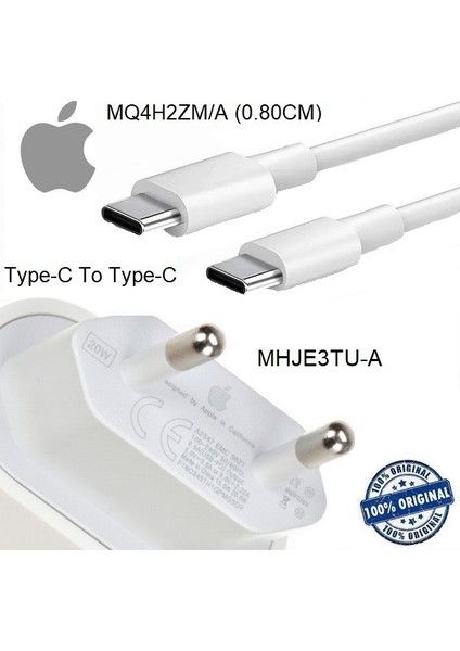 Apple iPhone 15 Pro Uyumlu 20W Hızlı Şarj Aleti Seti Type-C To Type-C MHJE3TU-A + MQ4H2ZM/A (Kablo Dahil)