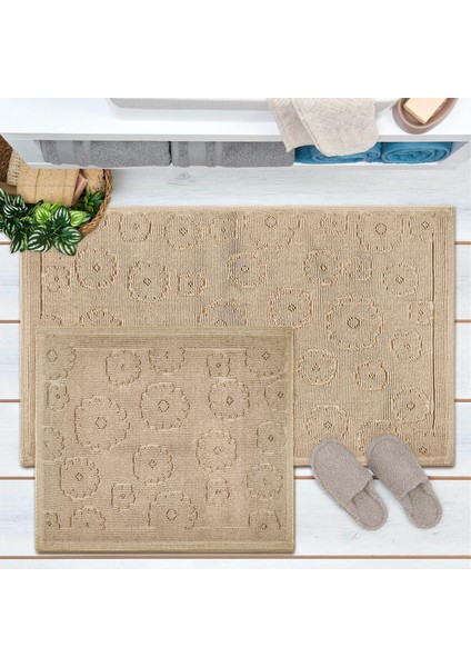 Soft Fiore 2'li Banyo Paspası - Bej - 60X100 cm + 50X60 cm