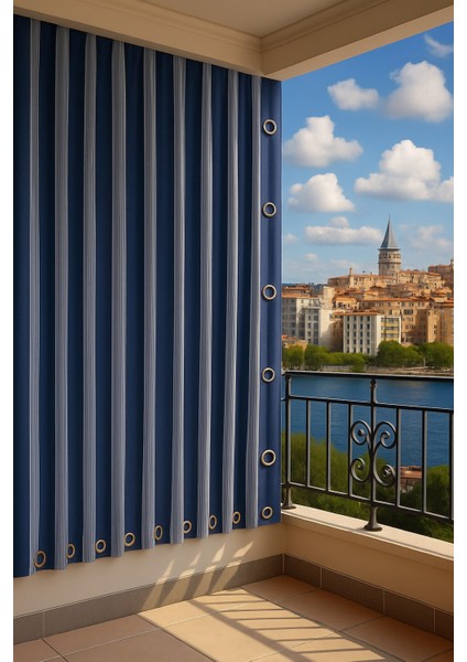 Balkon Perdesi Kuş Gözü Ölçü Seçenekli Mavi Ince