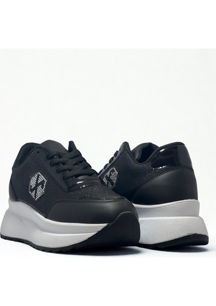 Kadın Simli Bağcıklı Kaliteli Spor Sneaker -Yüksek Hafif Rahat Taban Siyah, Beyaz