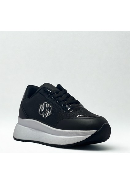 Kadın Simli Bağcıklı Kaliteli Spor Sneaker -Yüksek Hafif Rahat Taban Siyah, Beyaz