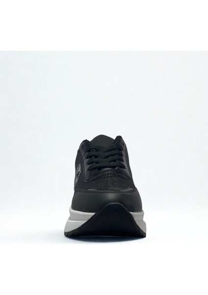 Kadın Simli Bağcıklı Kaliteli Spor Sneaker -Yüksek Hafif Rahat Taban Siyah, Beyaz