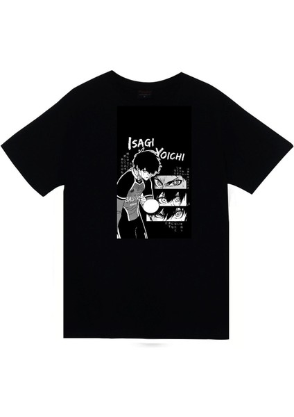 Blue Lock Isagi Yoichi Anime Baskılı Unisex %100 Pamuk Siyah T-Shirt