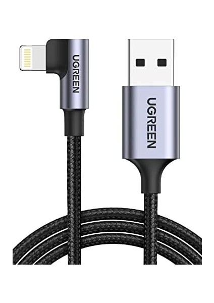 60521 Ugreen Örgülü 90° Lightning iPhone Şarj ve Data Kablosu, Siyah, 1 Metre