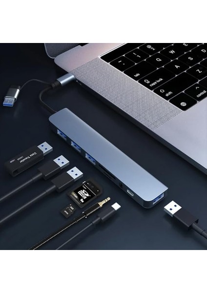 Çoklayıcı Adaptör 8 In 1 Usb/type-C To USB A, USB C Macbook Uyumlu Çevirici Adaptör Çok Portlu Çoklayıcı 8in1 USB Hub Titanyum Renk BYL2218TU