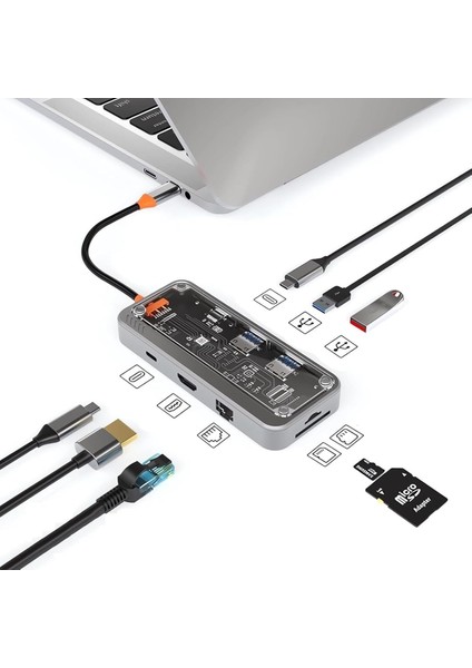 Hub Çok Fonksiyonlu, 8'li Bağlantı Noktası, Hdmı, USB 3.0, Sd Kart Okuyucu, Ethernet, Gümüş
