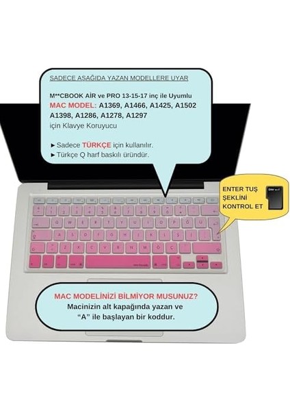 Macbook Air Pro Klavye Koruyucu (Türkçe Q) Gradient (Eski USB Li Model 2008/2017 Yılı) ile Uyumlu Pembe