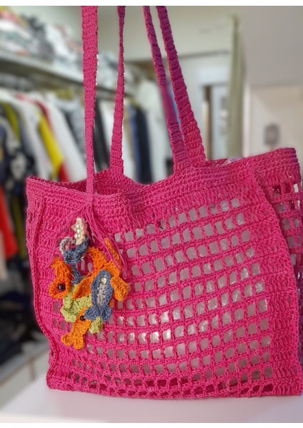 El Yapımı Fuşya Büyük Boy Plaj Çantası