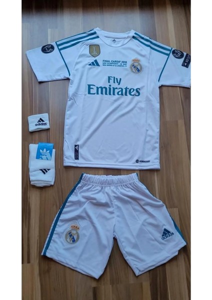 2017/18 Sezon Beyaz Şampiyonlar Ligi Ronaldo Real.madrid. Çocuk Forması 4lü Set Çorap+Biliklik modelleri