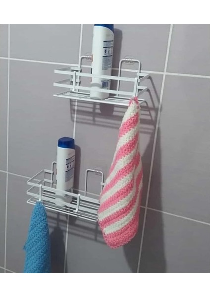 Yapışkanlı 2 Adet Tek Katlı Beyaz Şampuanlık Lif Askısı Duş Rafı, Tek Katlı Beyaz Sabunluk