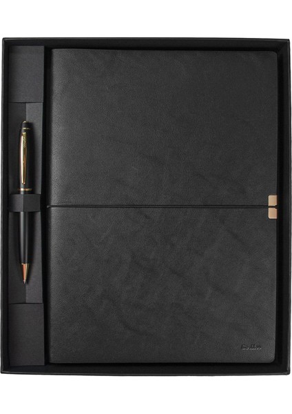 SD700-B1 Premıum Defter Toledo B5 Siyah & 35 Tükenmez Mat Siyah Altın Set Özel Hediyelik Kutulu