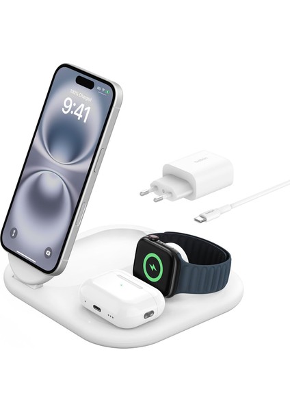 Magsafe Şarj Cihazı, Boostcharge 3'ü 1 Arada Manyetik Katlanabilir Şarj Aleti Qi2 15W - Kaymaz Tabanlı iPhone 16, 15, Apple Watch, Airpods Için Magsafe Uyumlu Hızlı Şarj, Psu Dahil - Beyaz