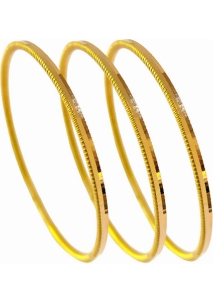 Garantili Gold Gerçek Altın Görünümlü Ince Ajda Ray Parlak Sade 3 Adet Bilezik