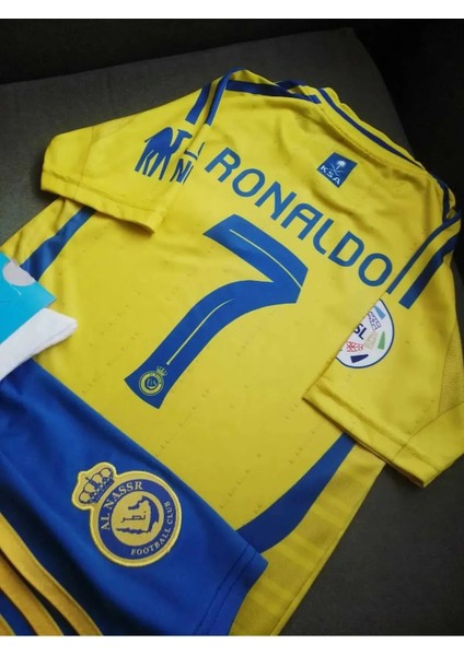 Cristiano Ronaldo Al-Nassr Sarı-Mavi Yeni Sezon Çocuk Forması 4lü Set Çorap+Biliklik Hediye