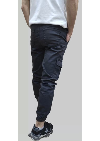 Erkek Jogger Beli ve Paçası Lastikli Keten Antrasit Kargo Pantolon