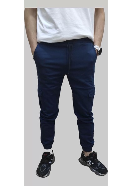 Erkek Jogger Beli ve Paçası Lastikli Keten Indigo Kargo Pantolon
