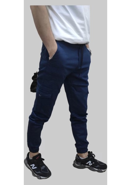 Erkek Jogger Beli ve Paçası Lastikli Keten Indigo Kargo Pantolon modelleri