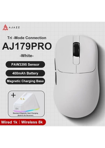 Ajazz AJ179 Pro 3 Modlu 8000Hz 26.000 Dpı Manyetik Şarj Istasyonlu Paw 3395 Optik Sensör Gaming Mouse (Beyaz)